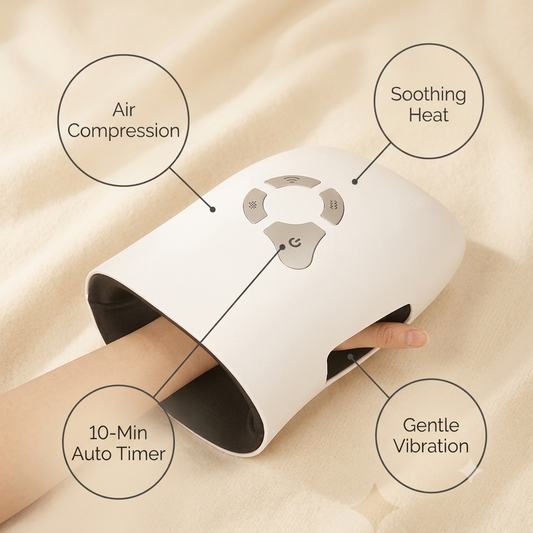 Corelva Hand Revive features - air compression, soothing heat, gentle vibration, 10-min auto timer