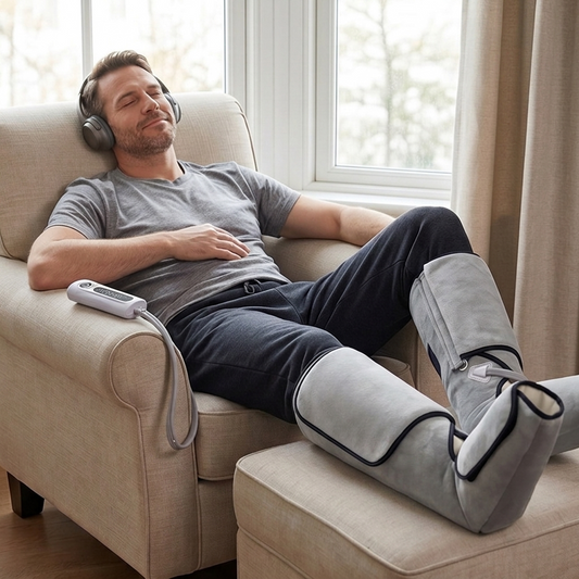 Corelva Leg Revive air compression leg massager in use in the recliner