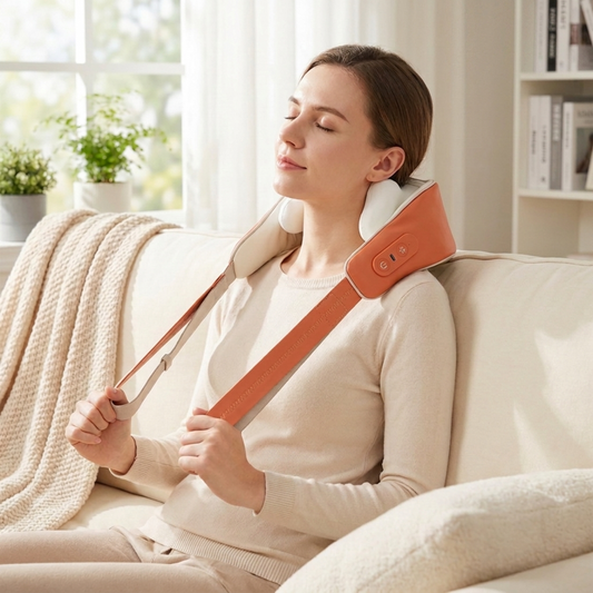 Corelva Neck Pro shiatsu neck and shoulder massager in use on the couch